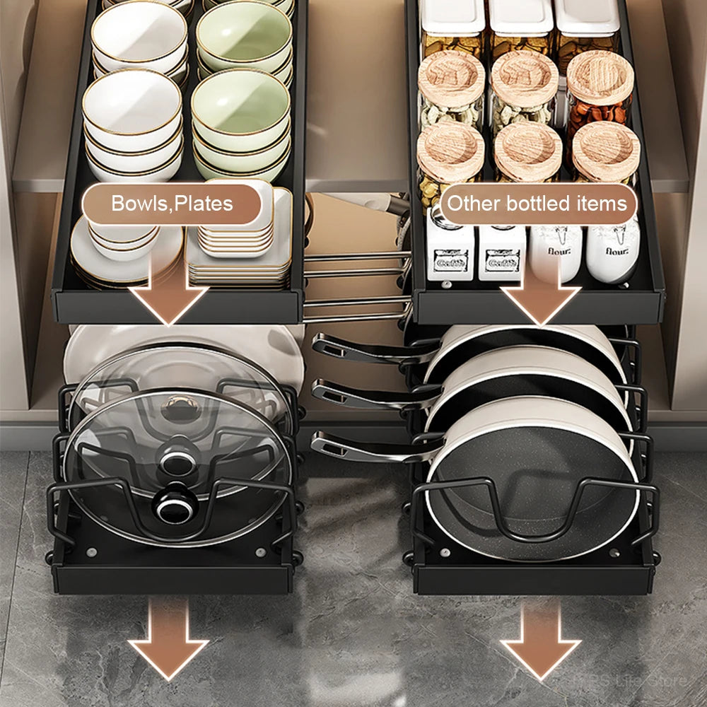1PCS Kitchen Pots & Pans Organizer Under Cabinet Sliding Drawer Pot Lid Organizer Pull Out Cabinet Storage Tray with 8Dividers