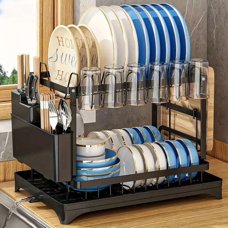 2-Tier Kitchen Shelf Dish Rack – Metal Dish Drainer with Drip Tray, Multifunctional Bowl &Chopsticks Storage Rack for Countertop