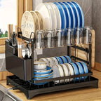 2-Tier Kitchen Shelf Dish Rack – Metal Dish Drainer with Drip Tray, Multifunctional Bowl &Chopsticks Storage Rack for Countertop
