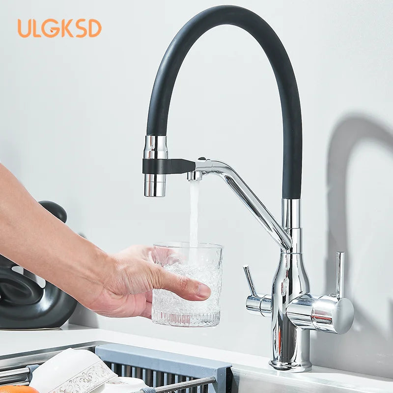 Kitchen Purified Water 2 Function Brass Cold and Hot Mix Faucet Black Flexible Water Pipe 360 Rotate Filtered Water Deck Install