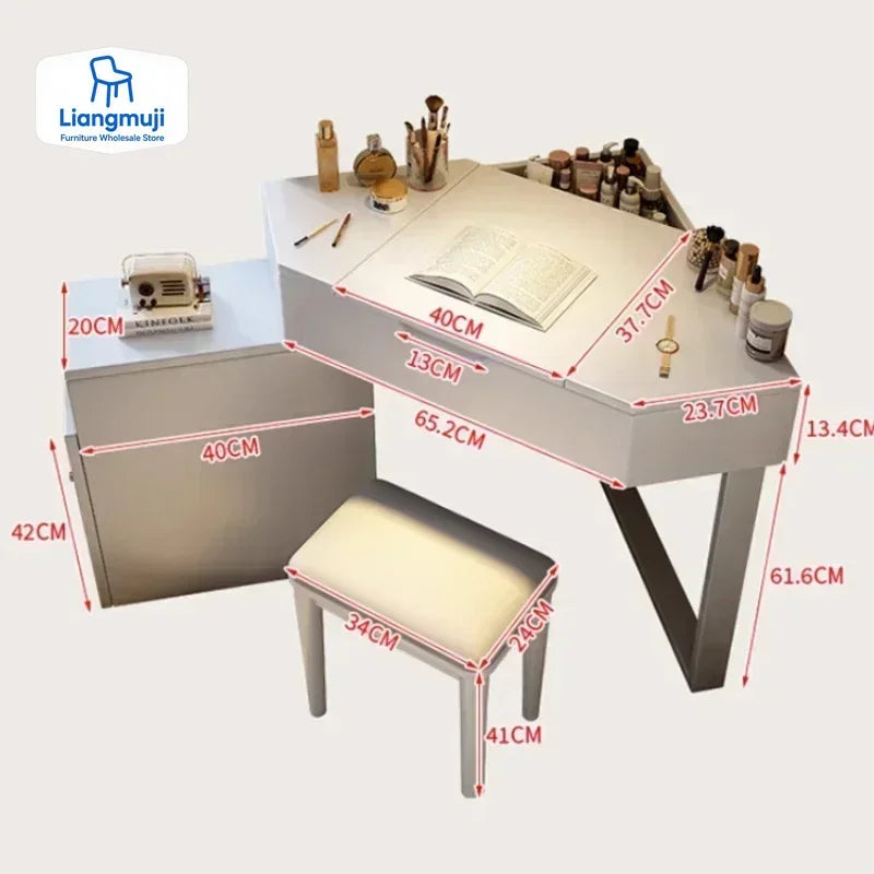Modern Corner Dressing Vanity with Mirror and Makeup Vanity Set with Charging Station for Bedroom/Cloakroom Wooden Vanity Table