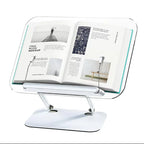 Book Stand for Reading, Adjustable Book Holder with 360° Rotating Base & Elastic Page Clips, Foldable Cookbook Stand for Office