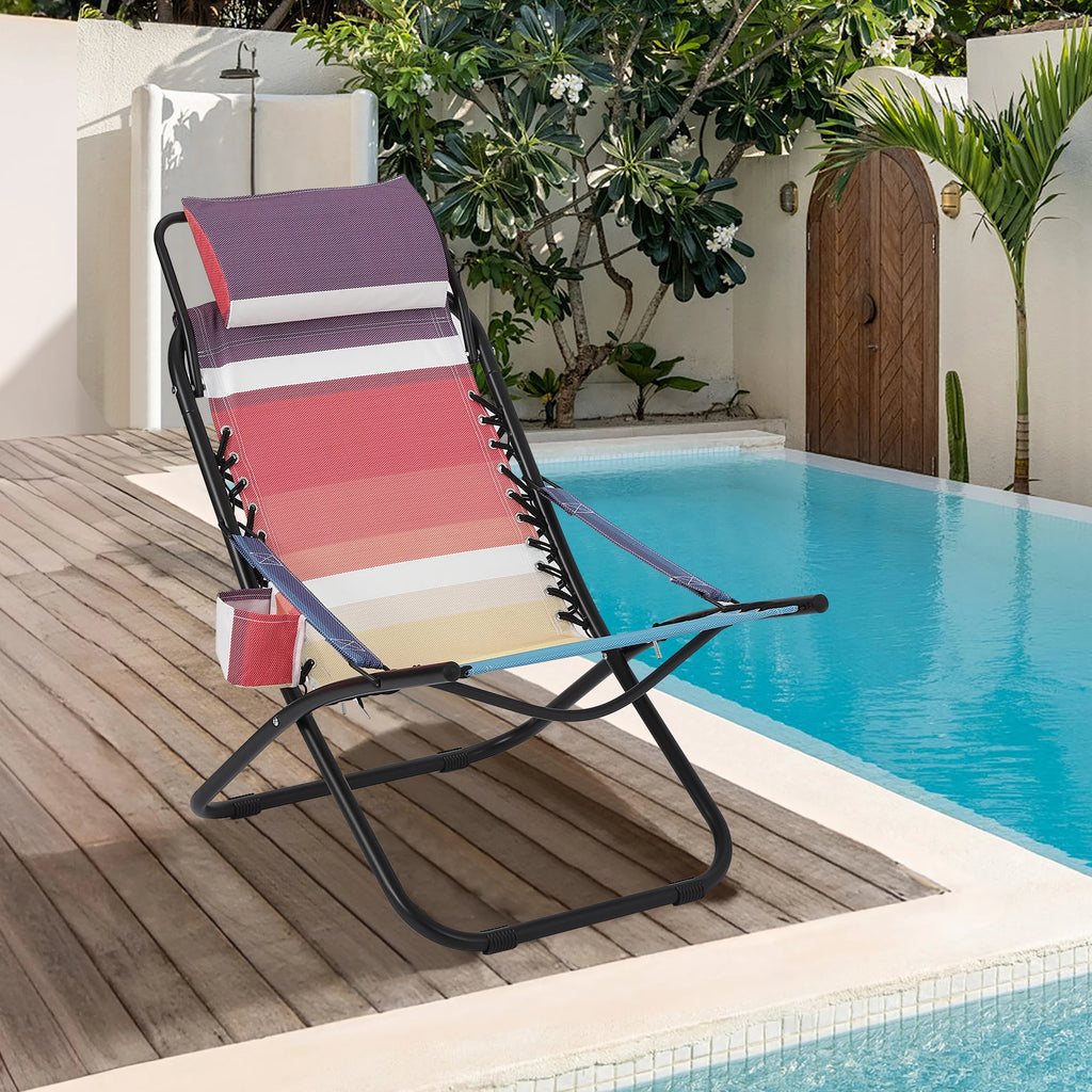 Beach Chair with Flip Headrest, Durable Textilene Fabric and Sturdy Iron Pipe Frame for Comfort and Outdoor Relaxation