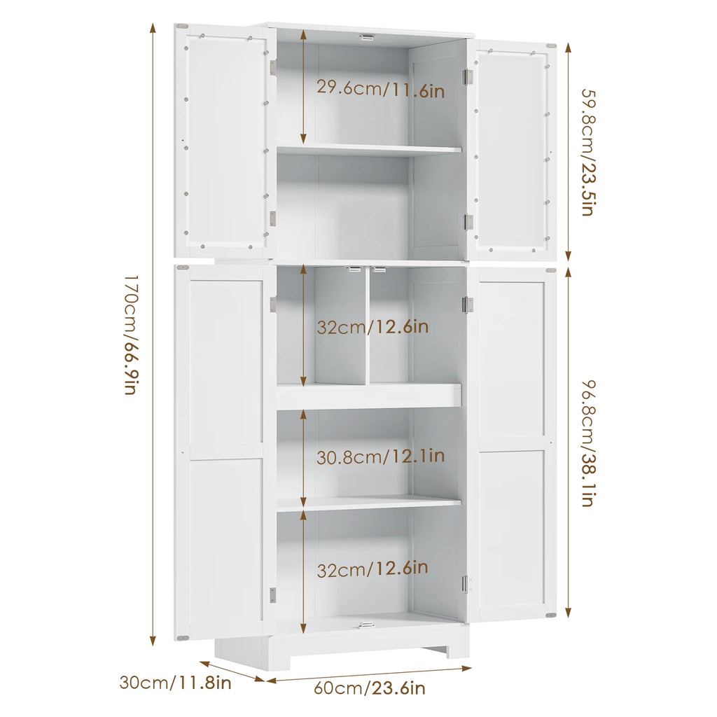 Bathroom wardrobe White, Bathroom wardrobe with 4 Doors and 6 Compartments, High wardrobe Kitchen wardrobe for bathroom, living room, Dining Room, B