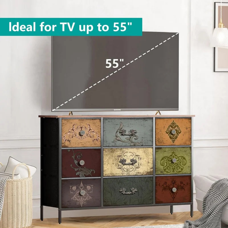Dresser for Bedroom with 9 Deep Fabric Drawers, Wide TV Stand Storage Cabinet, Colorful Chest of Drawers for Closet, Nursery, En