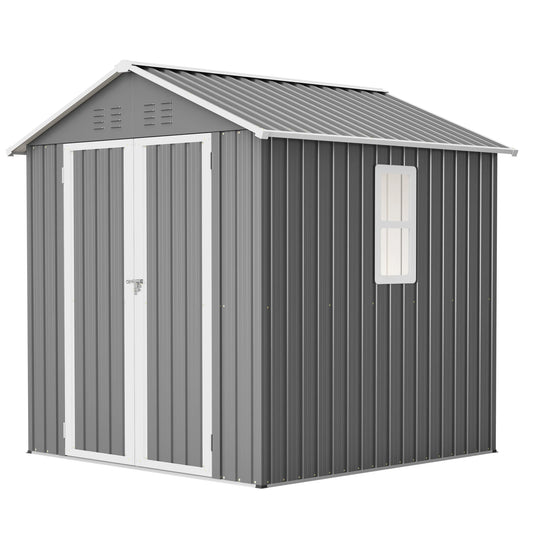 Metal Garden Shed with Dual-Pitched Roof, Window and Ventilation, Base Included, 184.8x182x191.1 cm, Grey