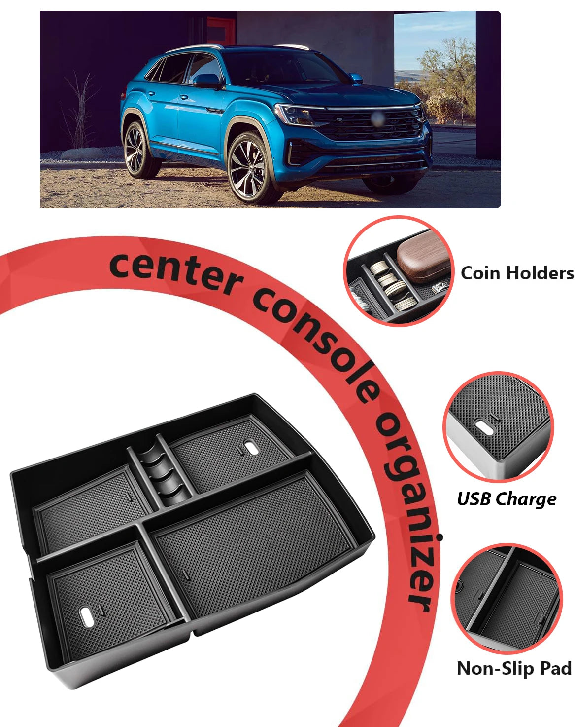 Center Console Organizer For Volkswagen Atlas/Cross Sport 2024 Armrest Box Storage Center Console Tray ABS Accessories Car Box