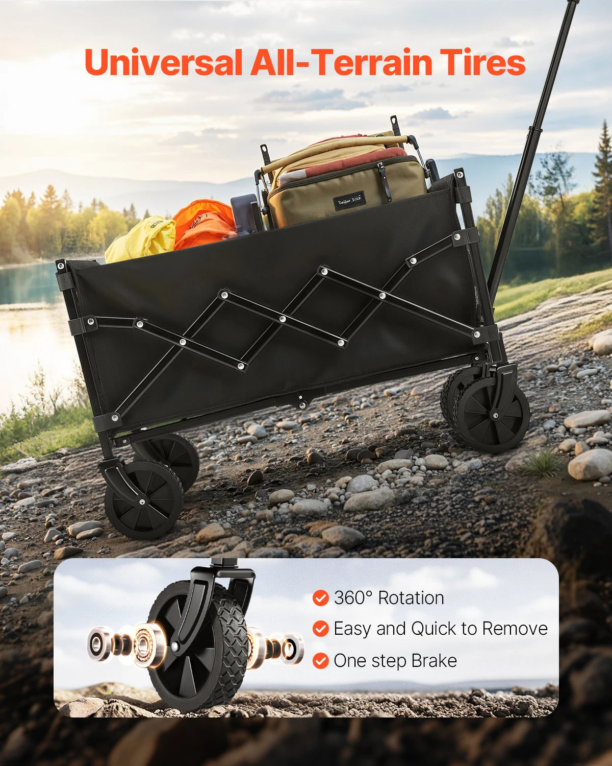 VEVOR Collapsible Wagon Cart 120L & 225LBS Folding Wagon with All-Terrain Wheels with Adjustable Handle for Beach Grocery Garden