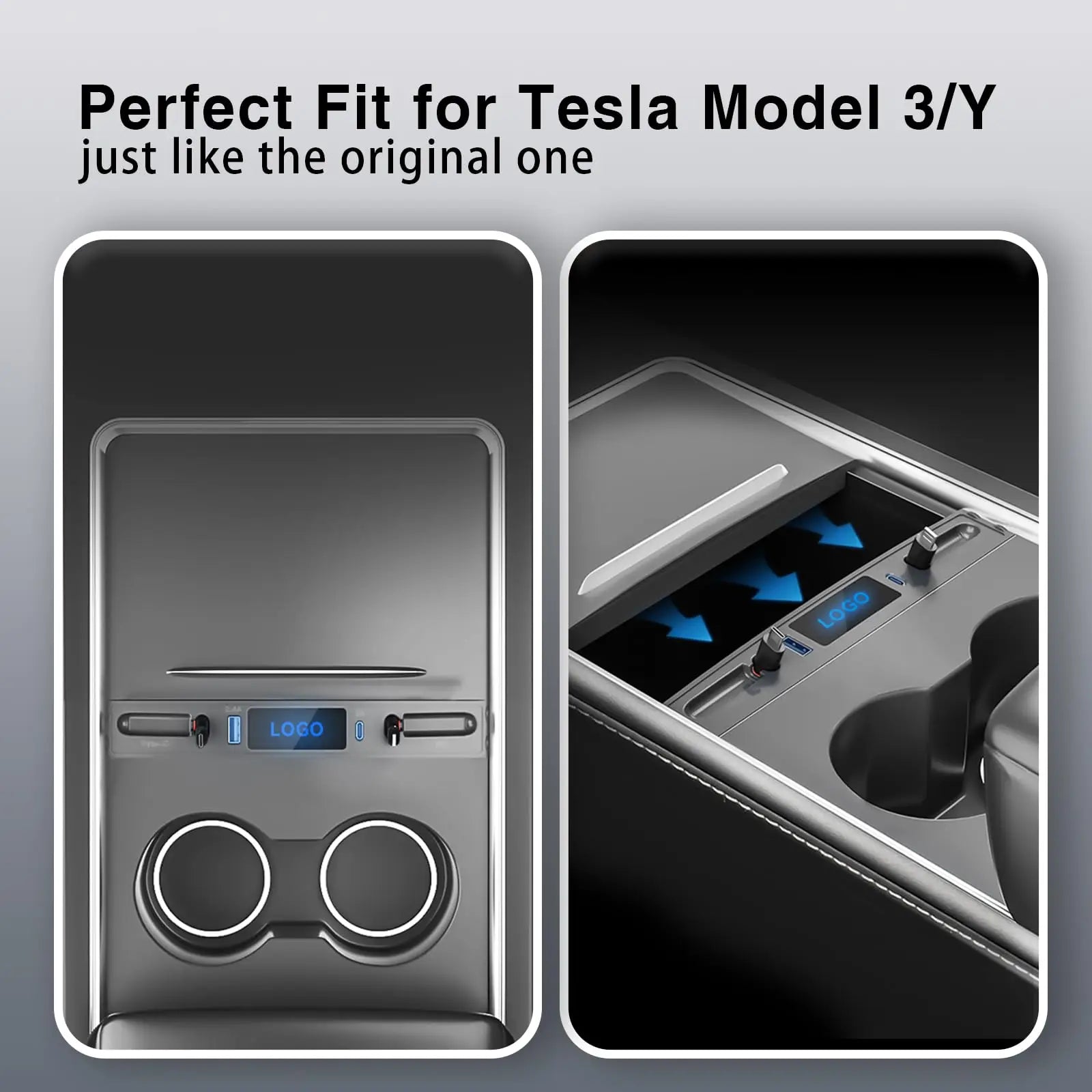 Car USB Charger Multi Port for 2021-2024 Tesla Model 3/Y,Multifunctional Tesla Accessories with Logo Gifts for Tesla Owners