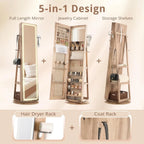 LED Mirror Jewelry Cabinet Standing, 360° Swivel Lockable Jewelry Armoire with Full Length Mirror and Adjustable LED Lights