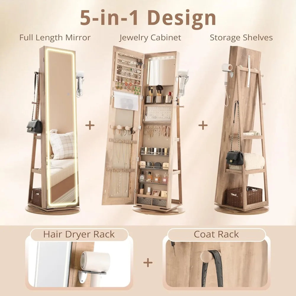 LED Mirror Jewelry Cabinet Standing, 360° Swivel Lockable Jewelry Armoire with Full Length Mirror and Adjustable LED Lights