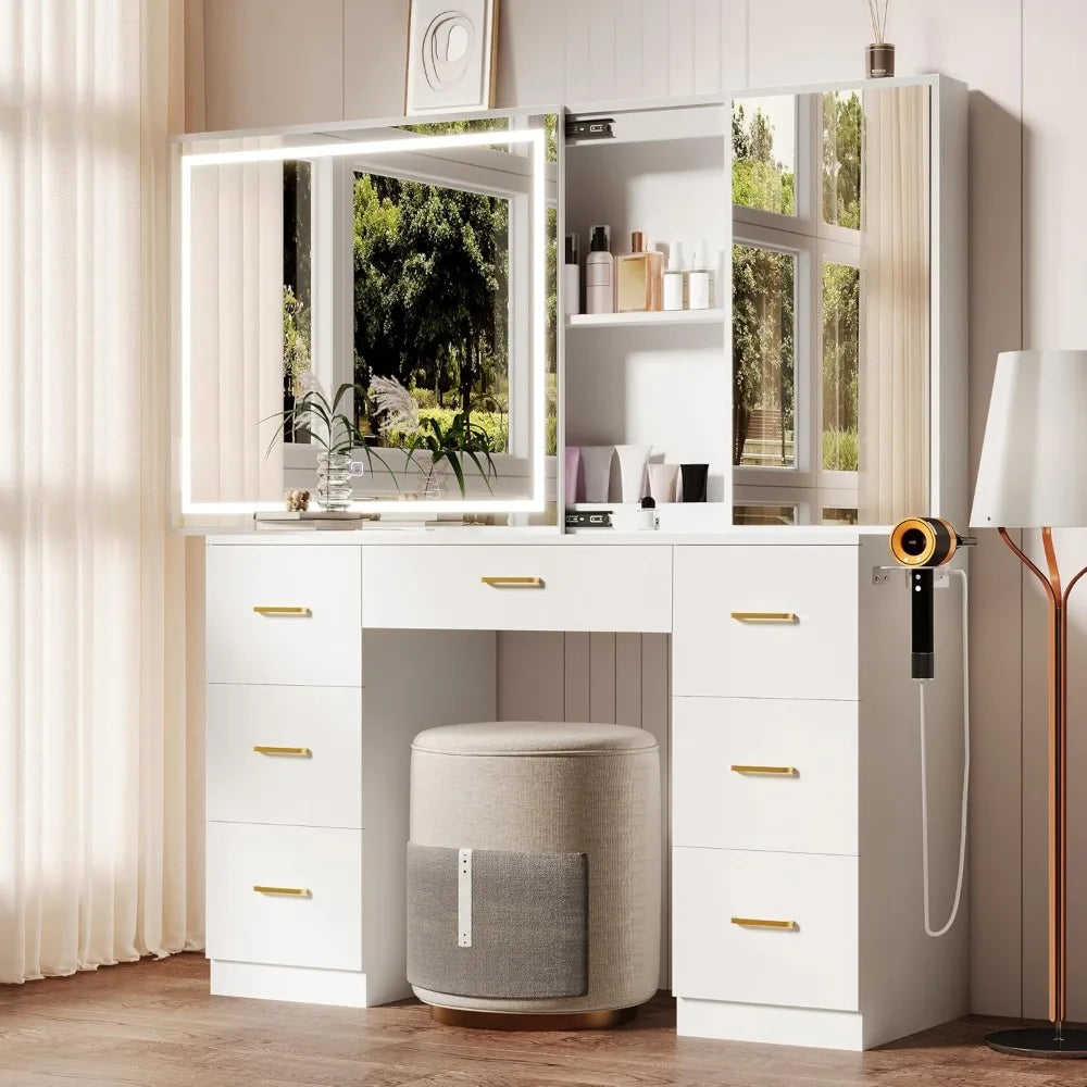 Vanity Desk with Lighted Mirror and Charging Station&Glass Tabletop, Sliding Mirror Makeup Vanity Table, Dressing Table