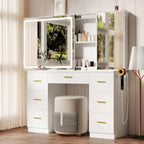 Vanity Desk with Lighted Mirror and Charging Station&Glass Tabletop, Sliding Mirror Makeup Vanity Table, Dressing Table