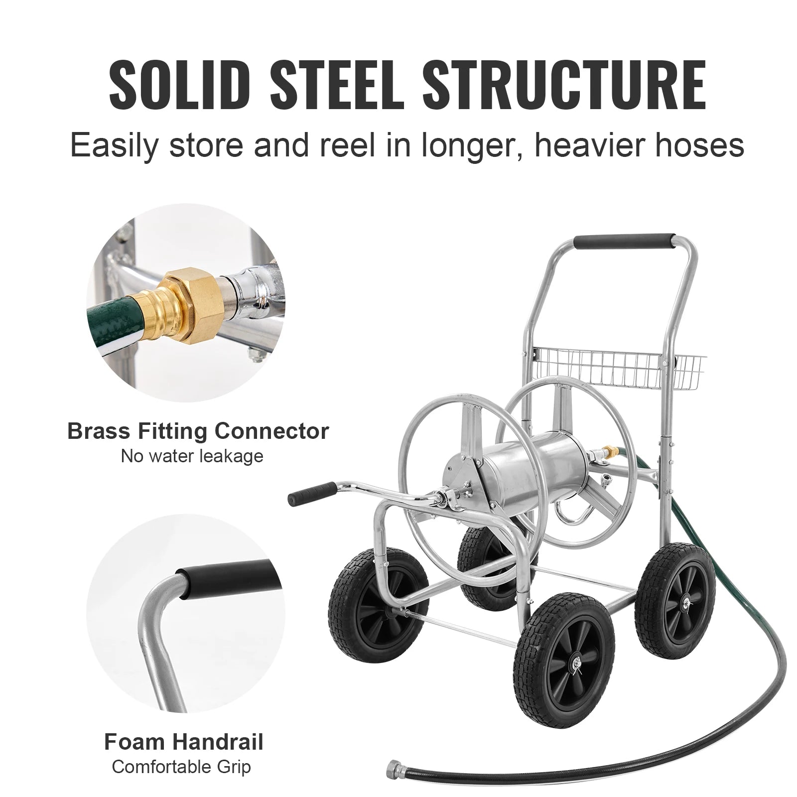 SucceBuy Hose Reel Cart Hold Up to 300 ft of 5/8’’ Hose Garden Water Hose Carts Mobile Tools with 4 Wheels Powder-coated Steel