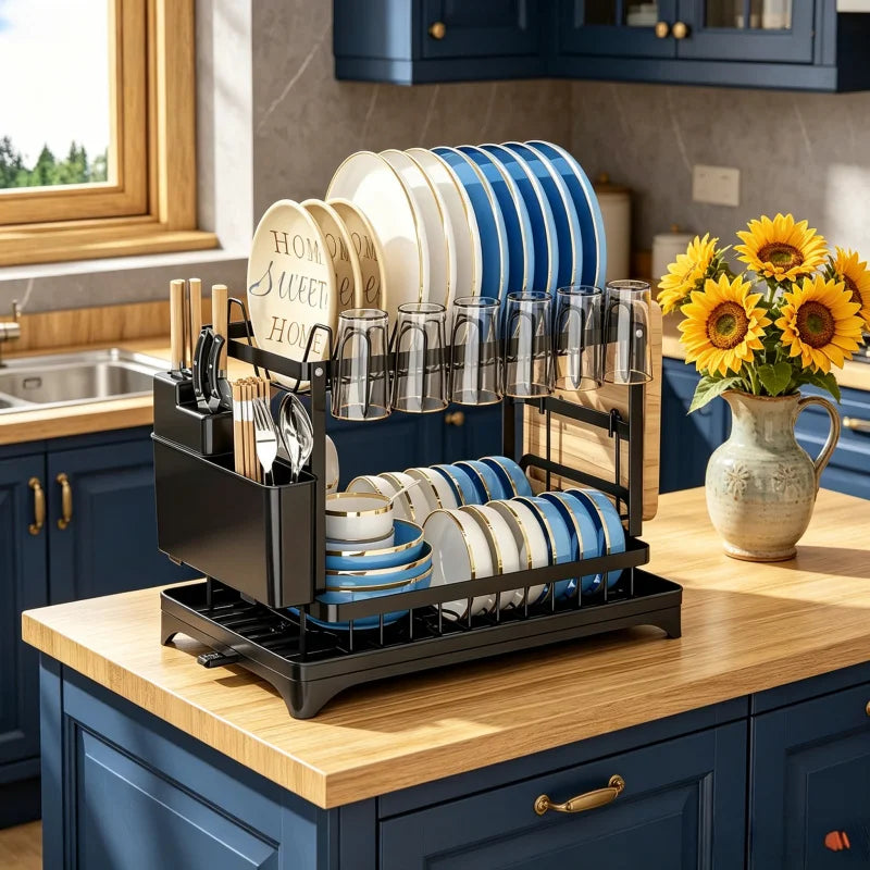 2-Tier Kitchen Shelf Dish Rack – Metal Dish Drainer with Drip Tray, Multifunctional Bowl &Chopsticks Storage Rack for Countertop