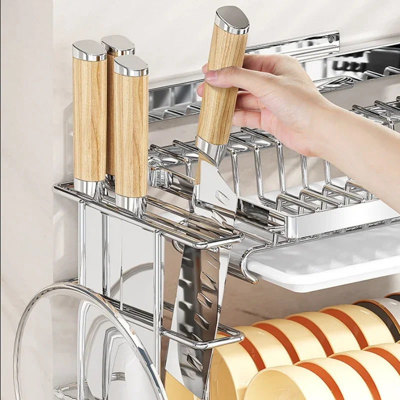 Kitchen Dish Rack Wall Mounted Multifunctional Storage Rack No-hole Cupboard with Chopsticks Knives Plates Draining Storage