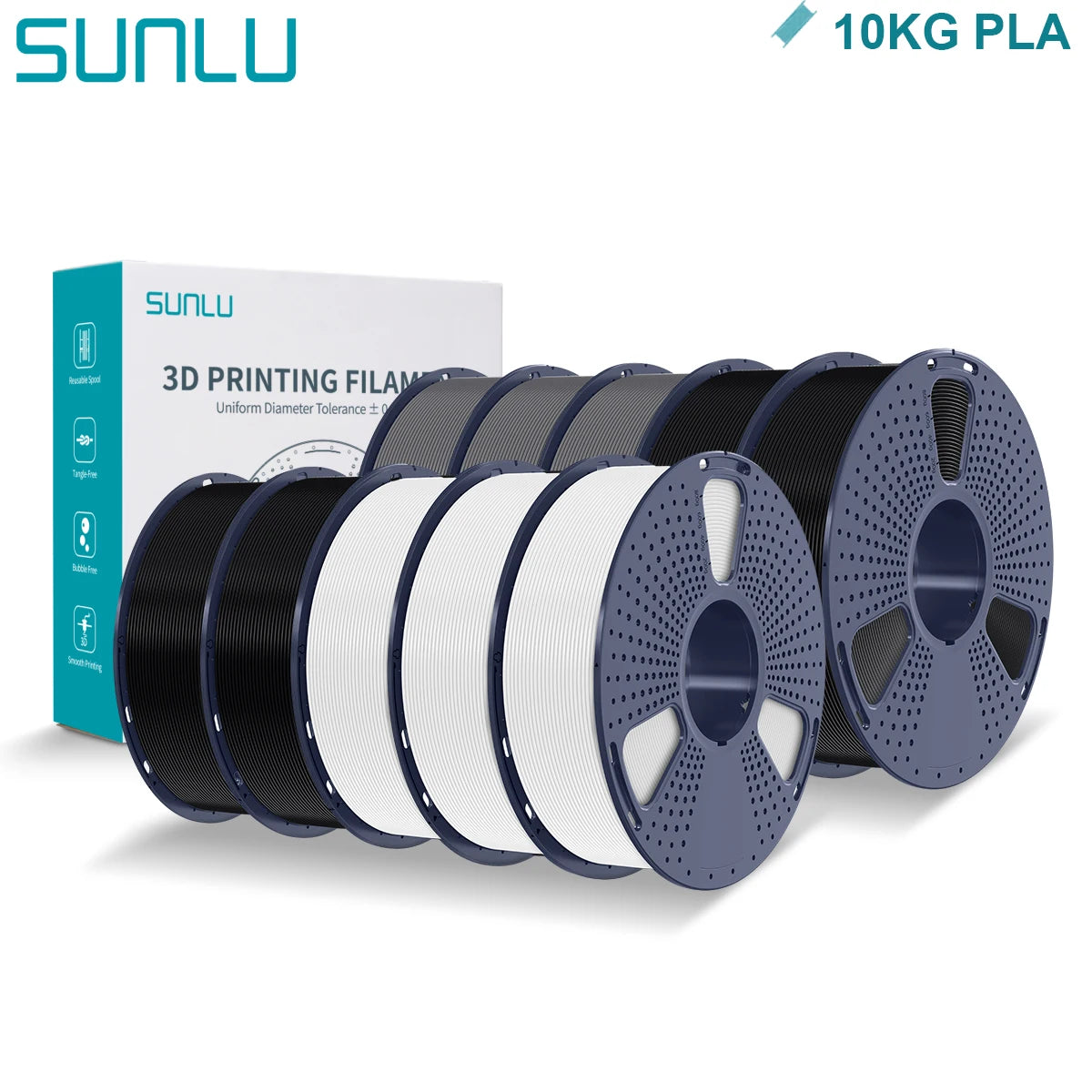 SUNLU PLA 3D Printer Filament 1.75mm - 10 Rolls x 1KG | Neatly Wound