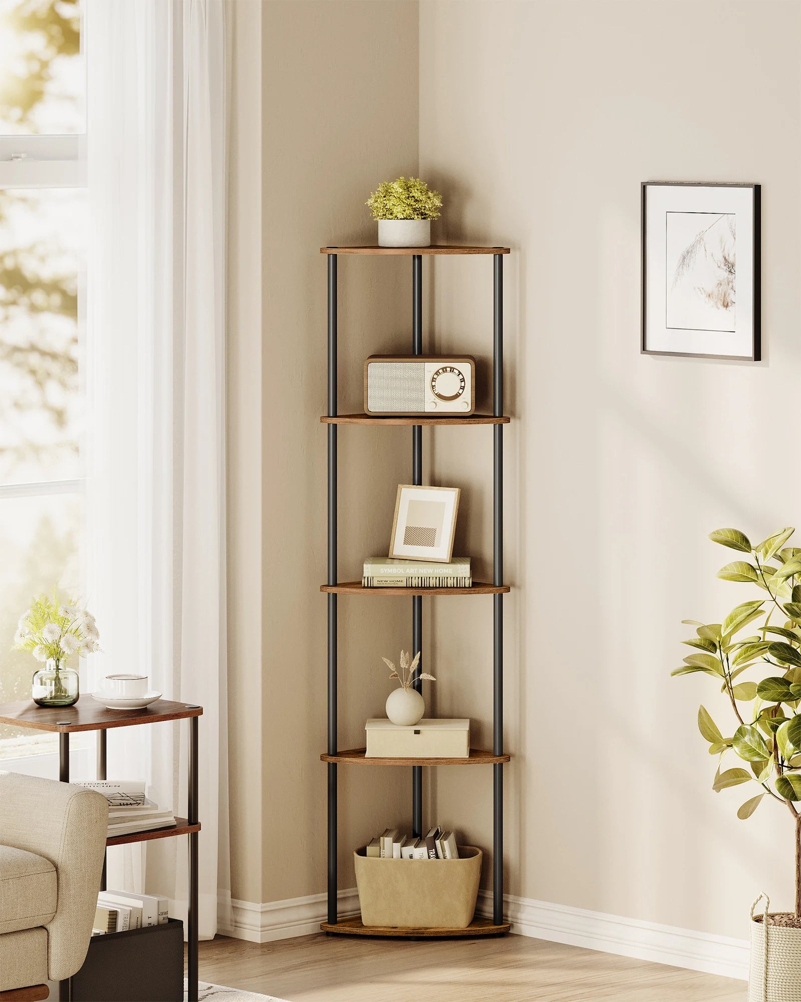 SONGMICS HOME Superfast Toolless Assembly, Corner Shelf Stand, 5-Tier Corner Standing Shelf, Living Room, Bedroom, Kitchen