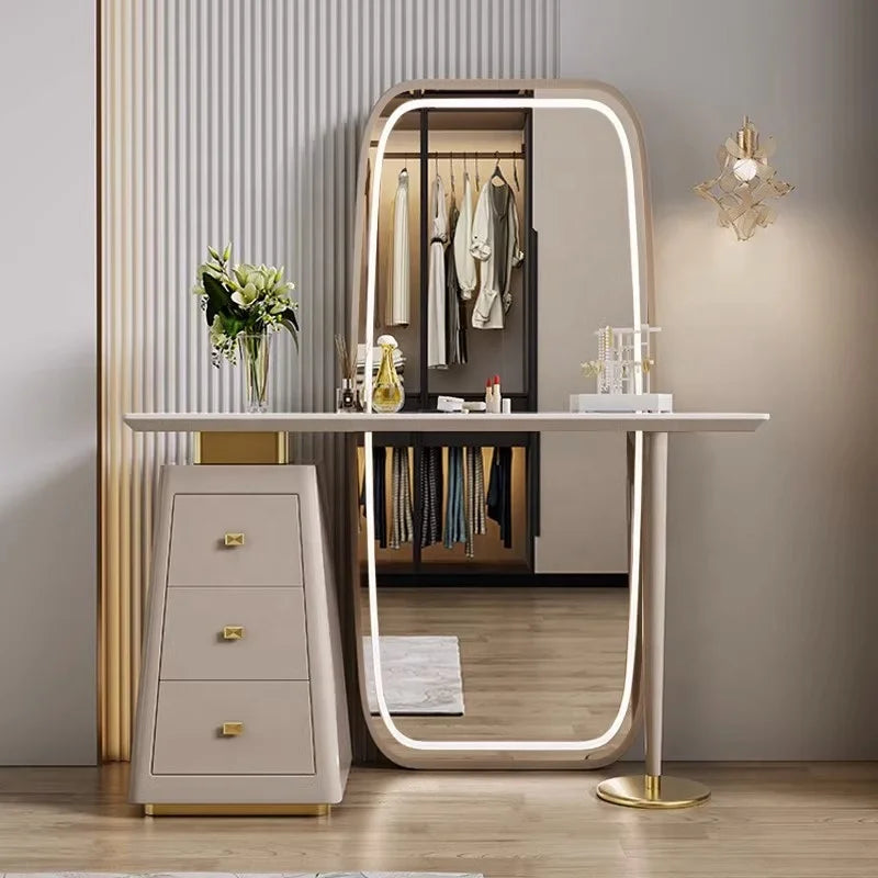 Simple Marble Top Dresser Drawer Dresser Bedroom Drawer Mirror Set Stainless Steel Base Makeup Vanity