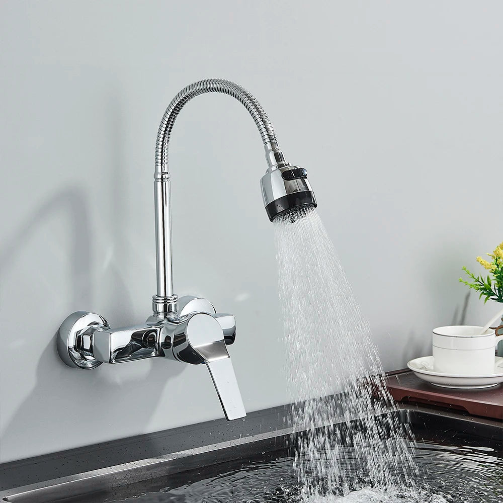 Wall Mounted Double Hole Kitchen Lead Free Hot and Cold Water Mixing Faucet Water Flow Spray Aerator 360 Degree Rotating Hose