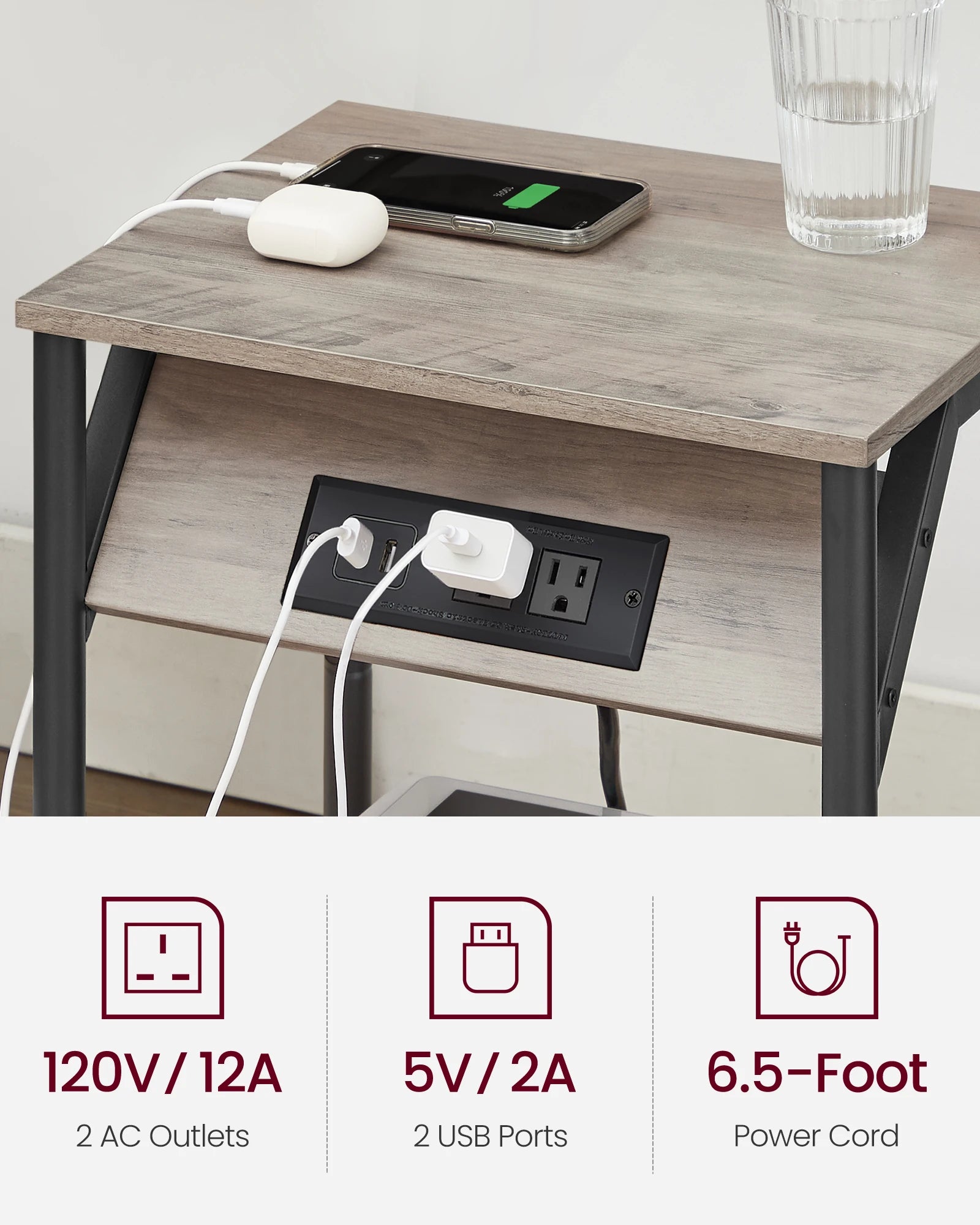 VASAGLE End Table with Charging Station, Small Side Table for Living Room, Bedroom, Nightstand with Outlets and USB Ports