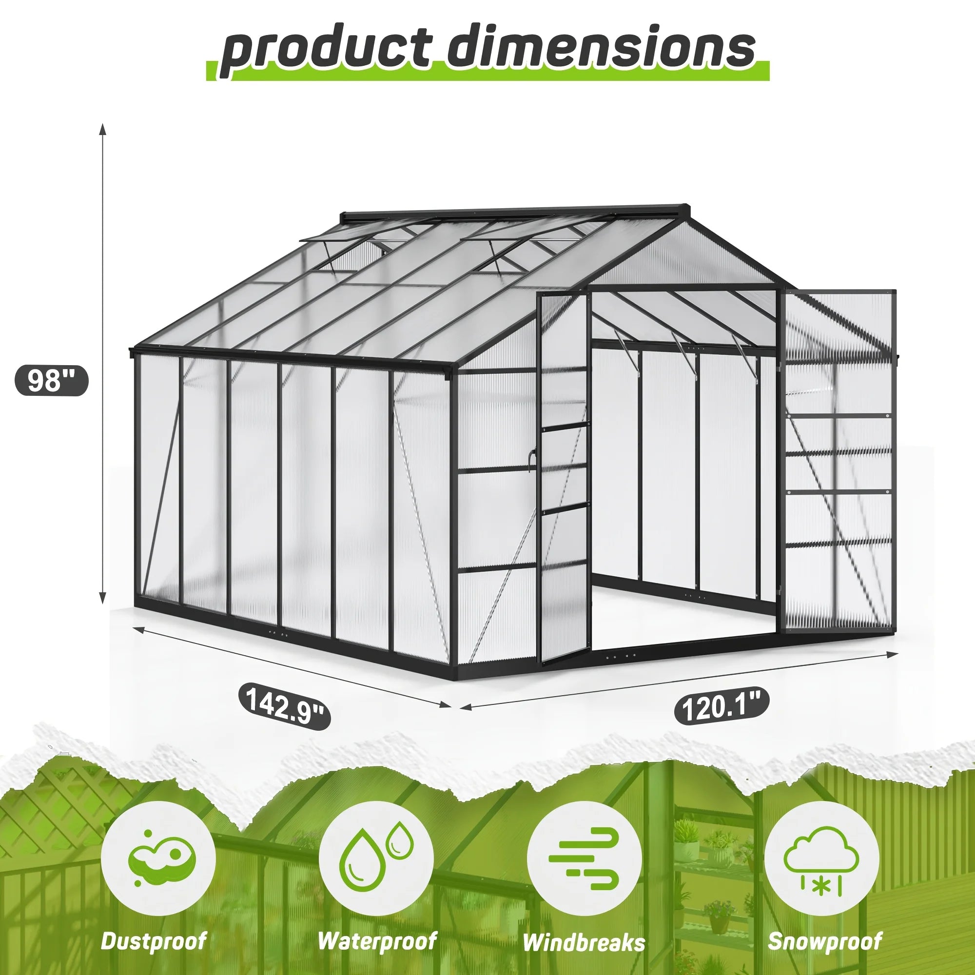 Polar Aurora 10x12FT Polycarbonate Greenhouse Aluminum Frame w/ Vent Windows - Walk-in Easy Assembly for Backyard Garden