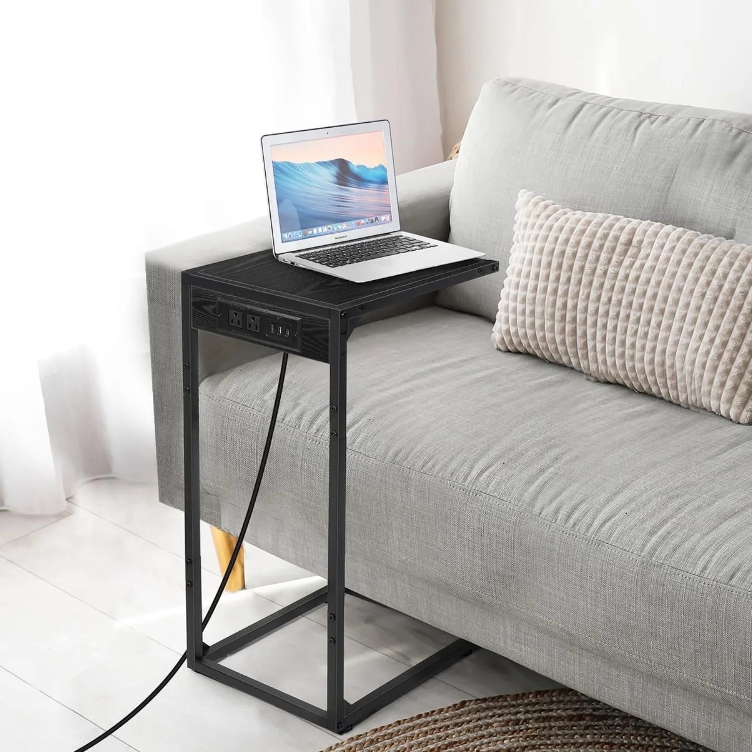 Set of 2 C-Shaped End Tables w/ Charging Station | USB & Outlets | Slide-Under Couch Design for Living Room/Bedroom | Black