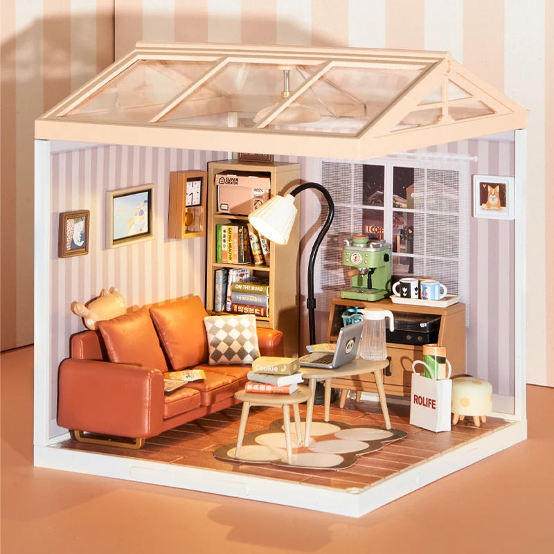 Robotime Rolife 3D Puzzle Super Store Cozy Living Lounge Plastic DIY Miniature House Kit LED Building Blocks for Adults Women