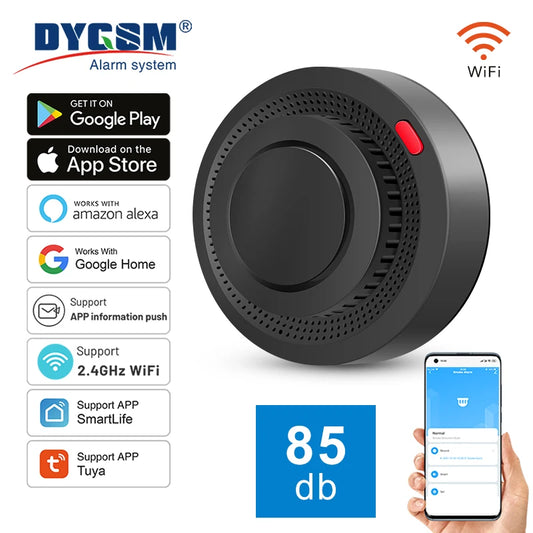 Tuya Smart WiFi Smoke Detector Smart Home 85dB Real-time Monitoring Remote Alarm Notification App Control Works With Alexa