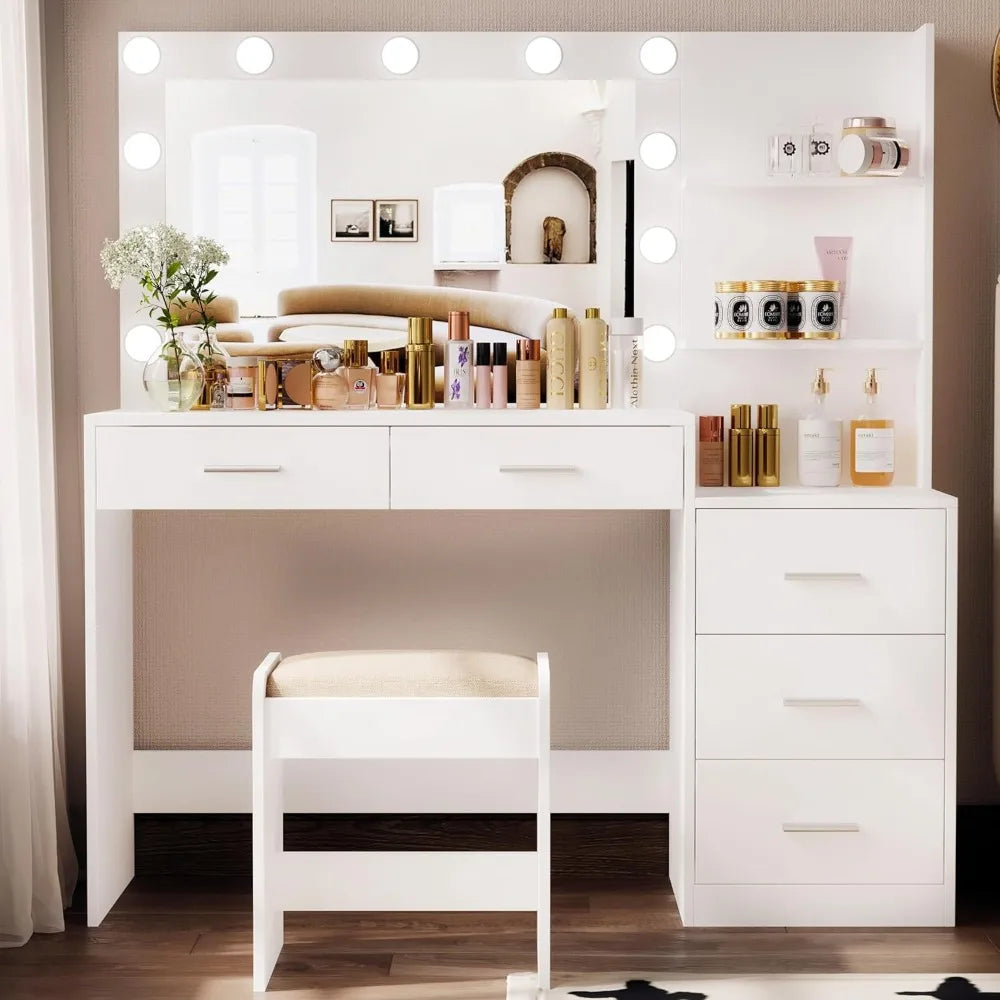 46.7" W Makeup Vanity Set with LED Lights & Mirror – Vanity Desk with 5 Drawers, 3 Color Lighting Modes, Dressing Table for Bedr