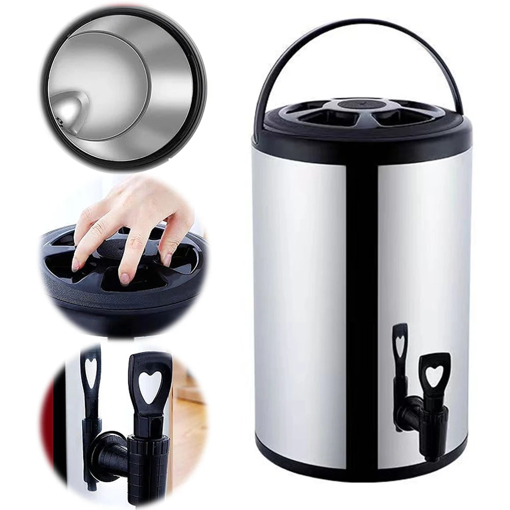 Stainless Steel Double-Layer Container 6L/8L with Faucet Beverage Dispenser Milk Tea Buckets Ideal for Water Milk Tea and Coffee