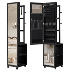 Jewellery Cabinet, Mirror Cabinet, Standing Jewellery Organiser with 1 Clothes Rack, 3-Tier Shelves with 4 Coat Hooks