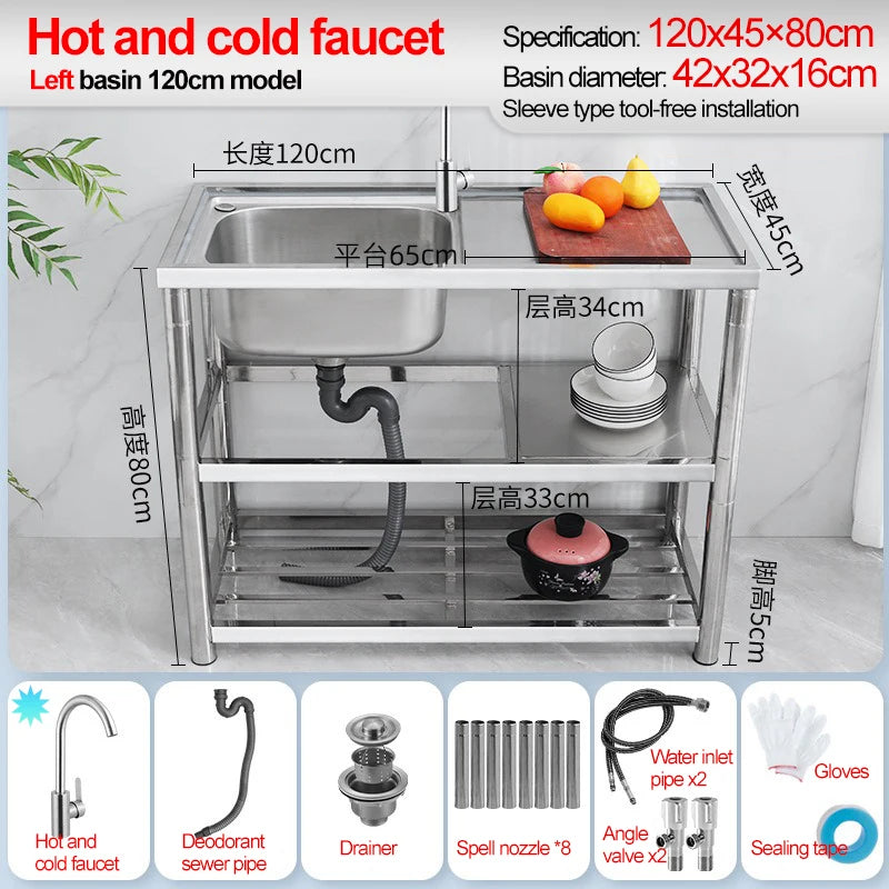 Stainless Steel Sink Kitchen Household Thickened Single Trough with Bracket Wash Basin Sink with Platform Easy Landing