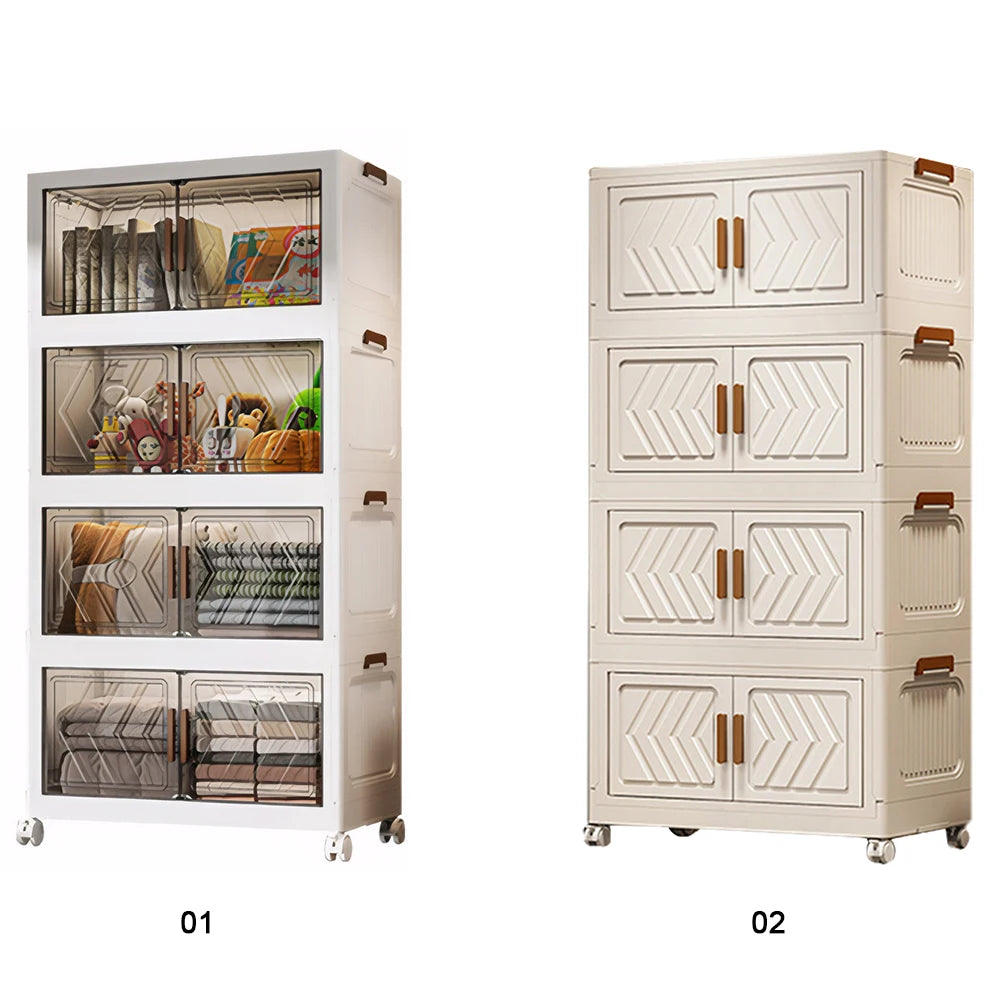 4 Tier Plastic Storage Containers with Doors & Wheels Foldable Organization Folding Storage Boxes for Living Room Bedroom Office