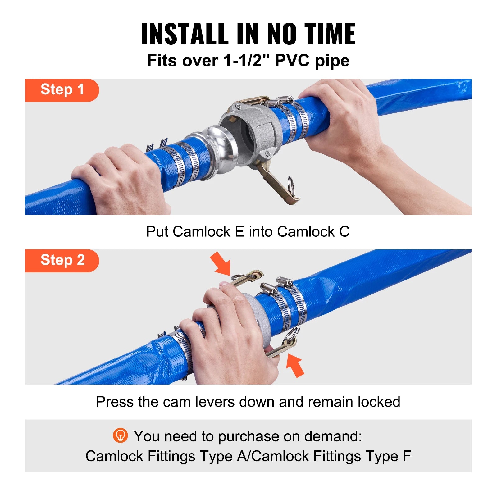 VEVOR Pool Drain Hose 2 inch by 50ft Durable PVC Material Includes Clamps, Fits Pumps&Sand Filters, Ideal for Pool Water Removal