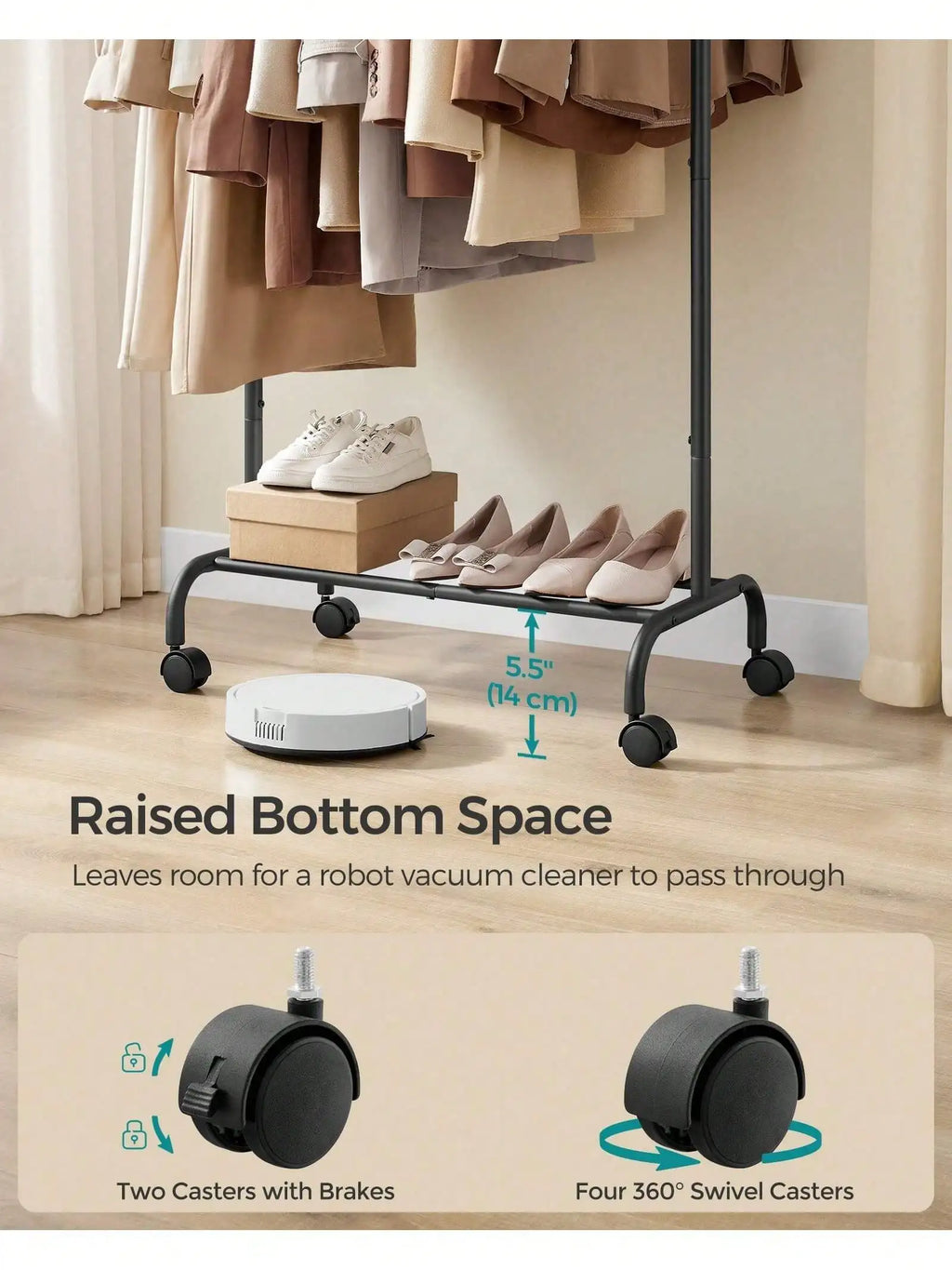 SONGMICS Clothes Rack, Clothing Rack for Hanging Clothes with Wheels, Garment Rack with Extendable Hanging Rail
