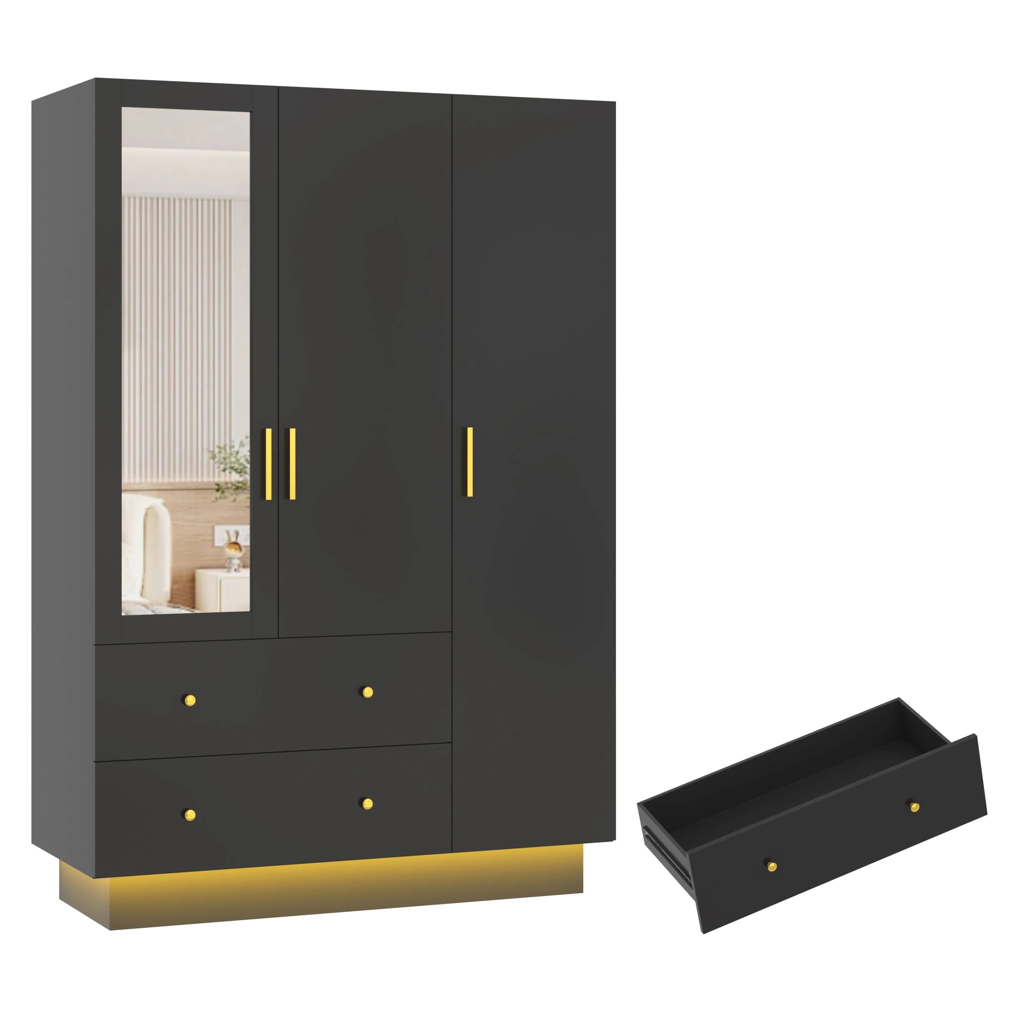 Modern Wooden Armoire Wardrobe Closet with Hanging Rod for Bedroom, 3 Door Wardrobe Closet with Mirror & LED Lights,White