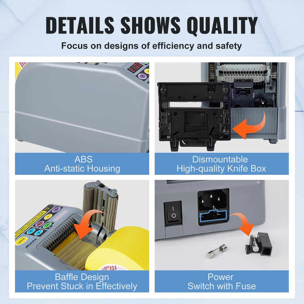 VEVOR ZCUT-9 Automatic Tape Cutting Machine Paper Slitting Dispenser 6-60mm Adhesive Electric Tape Cutter for Product Packaging