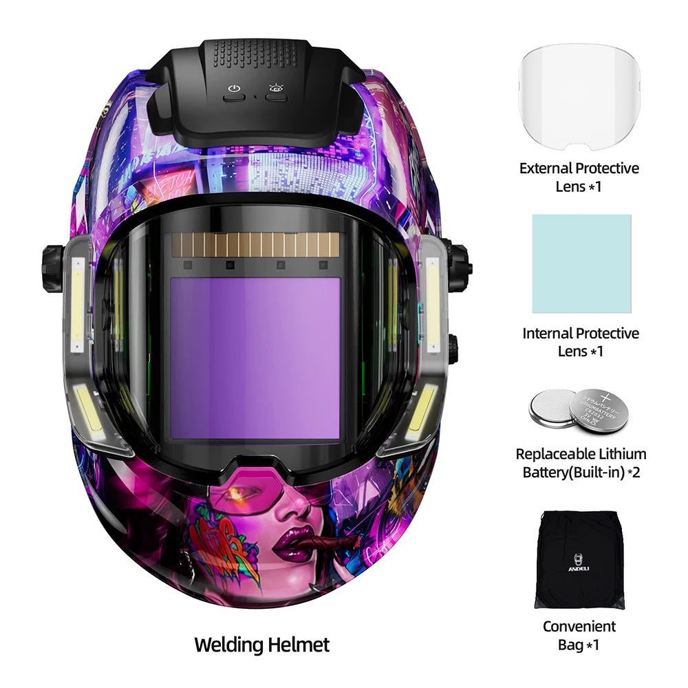 ANDELI Welding Helmet with LED Light Panoramic Large Viewing Screen 3.94"X3.74"True Color Auto Darkening Welding Mask for Weld