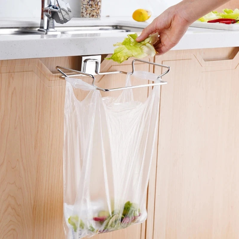 Stainless Steel Kitchen Trash Bag Holder Cabinet Door Mount Organizer Closet Storage Waste Bin Rack Garbage Can Tool