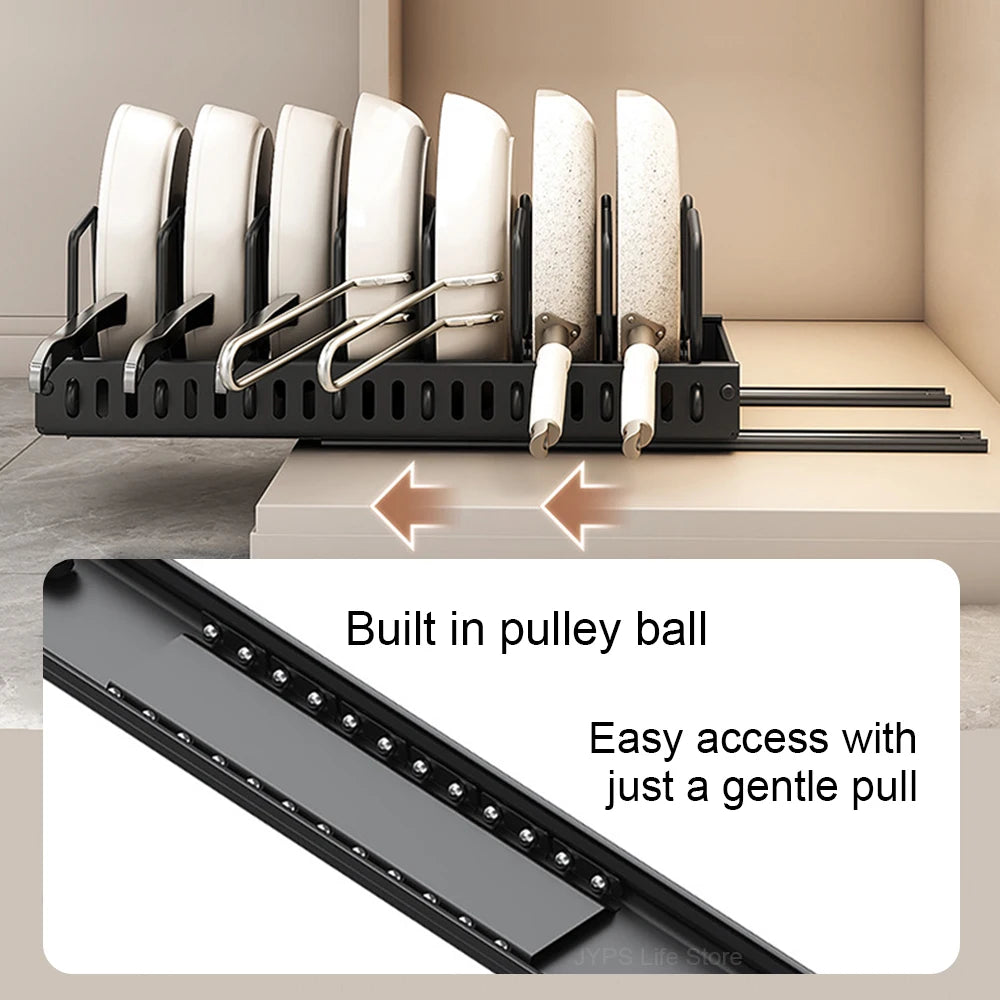 1PCS Kitchen Pots & Pans Organizer Under Cabinet Sliding Drawer Pot Lid Organizer Pull Out Cabinet Storage Tray with 8Dividers