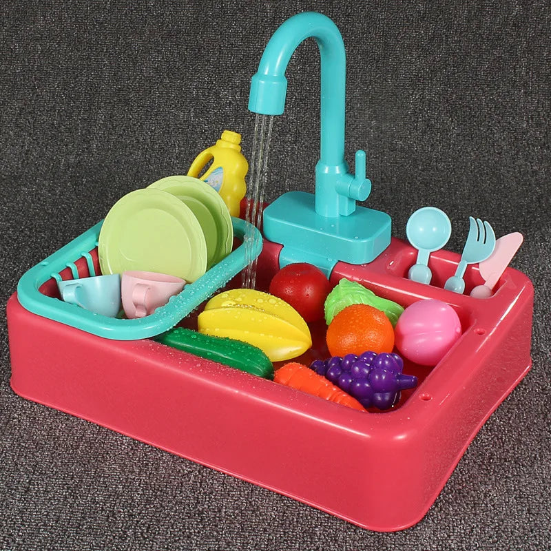 Kid Simulation Electric Dishwasher Wash Sink  Running Water Toy Role Playing House Kitchen Pretend Game Food Fruit Girl Boy Gift