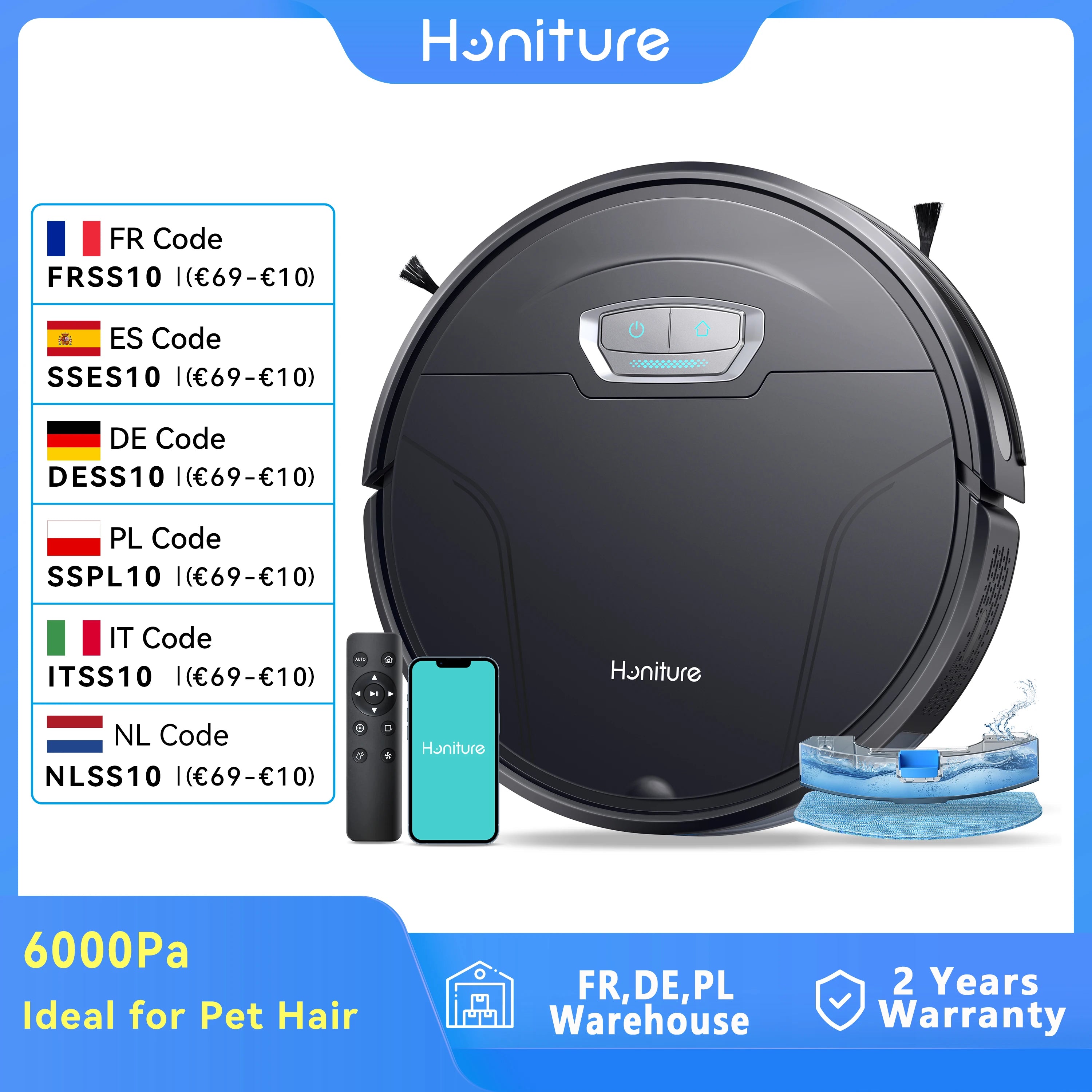 Honiture Robot Vacuum Cleaner 6000pa Strong Suction Self-Charging App&Remote&Voice Control 3 in 1 Robot Vacuum and Mop Combo