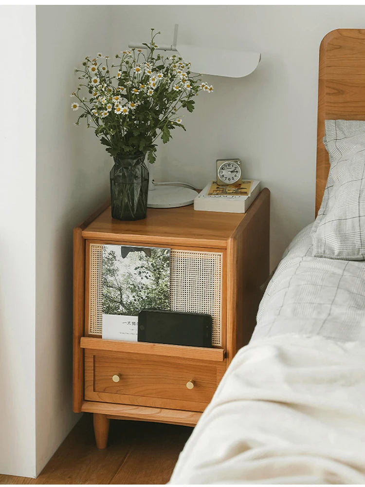 Rattan Weaving Bedroom Furniture, Bedside Table, Multifunctional Small Side Storage Cabinet, Solid Wood Night Stand Customized