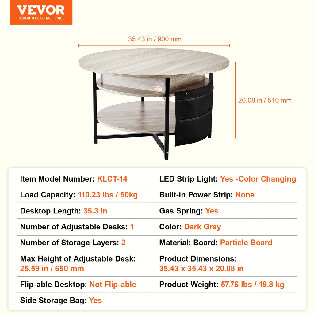 VEVOR Lift Top Coffee Table Round/Rectangle Coffee Table with Extra Storage Pockets Pop Up/Flipable Coffee Table for Living Room