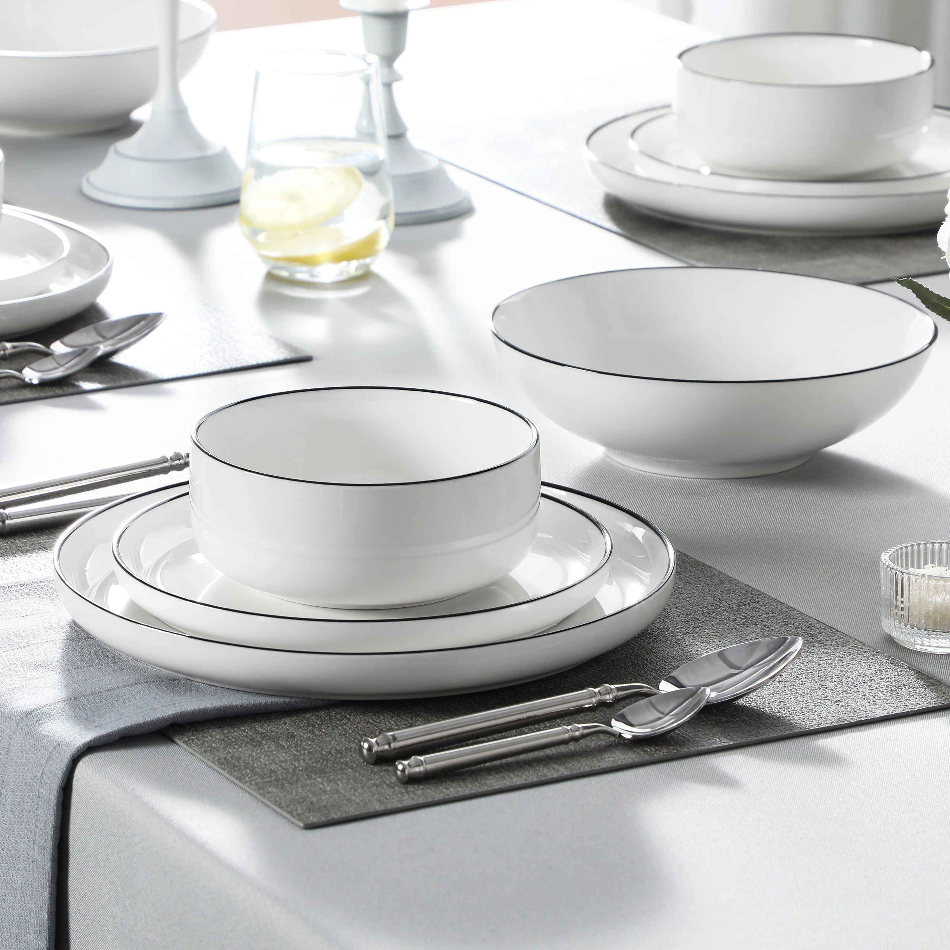 MALACASA 24/48Piece Ceramic Plates Black Rim Porcelain Dinnerware Set  6/12 Pcs Dinner/Soup/Dessert Plates/Bowl Service for 6/12