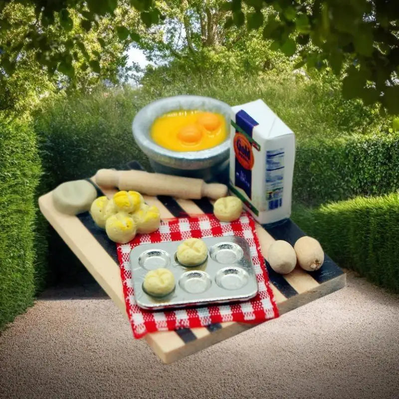 Kids' Dollhouse Pastry Making Station; Toy Egg, Milk, Bread, and Cutting Board; Mini Kitchen Model for Pretend Play