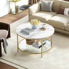 White Marble Round Coffee Table with Glass for Living Room, 2-Tier Circle Coffee Table with Storage Clear Coffee Table