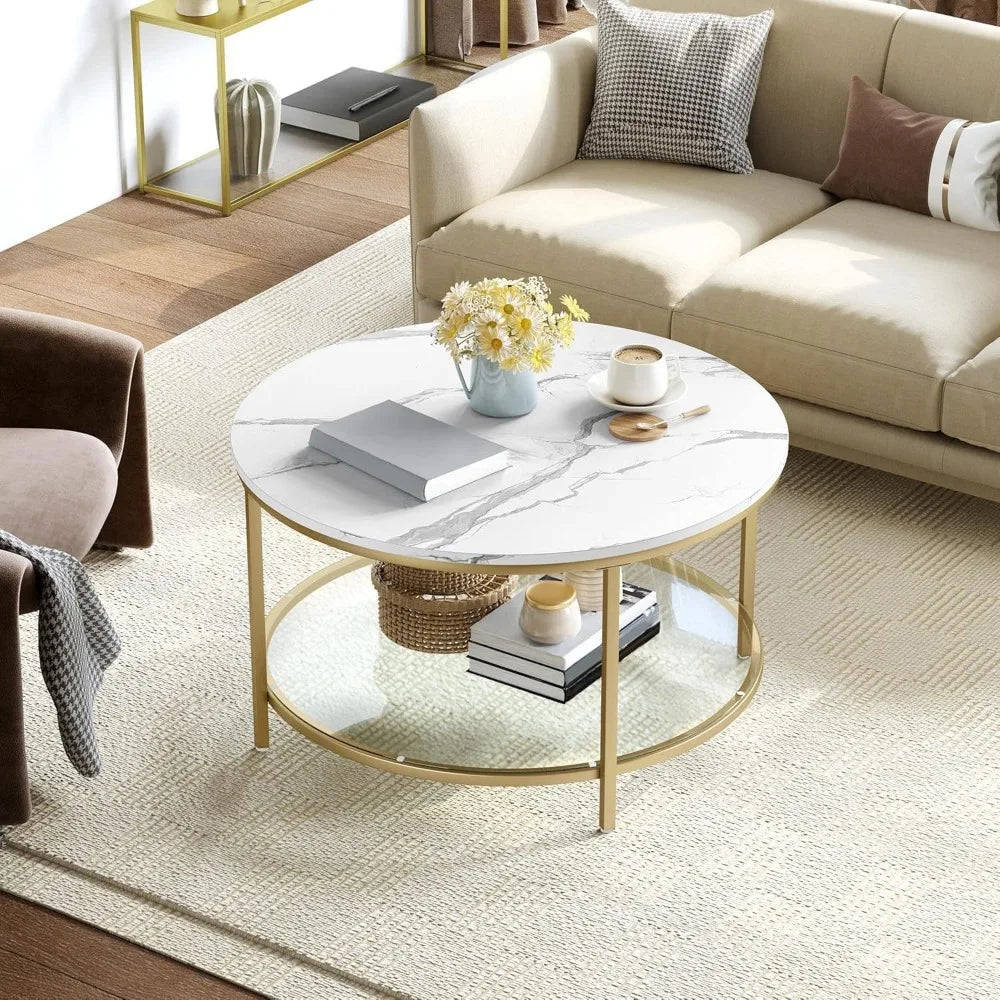 White Marble Round Coffee Table with Glass for Living Room, 2-Tier Circle Coffee Table with Storage Clear Coffee Table