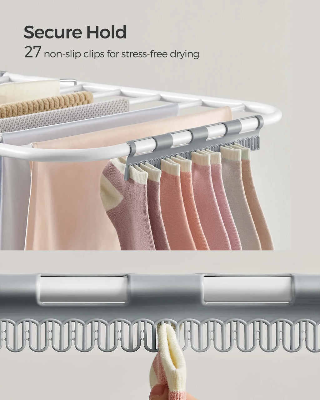 SONGMICS Clothes Drying Rack, with Sock Clips, Metal Laundry Rack, Foldable, Space-Saving, Free-Standing Airer
